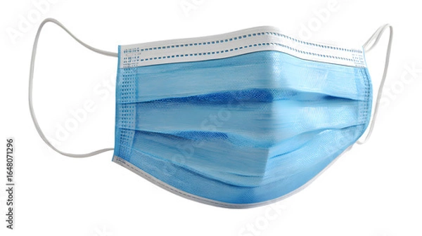 Fototapeta A blue surgical face mask with white ear loops isolated against a black background in a studio shot