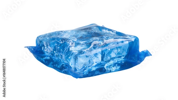 Fototapeta A single translucent blue ice cube with visible air bubbles on a black background in a studio shot