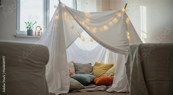Obraz Sunlit living room with a cozy blanket fort nestled between couches, soft pillows and fairy lights inside