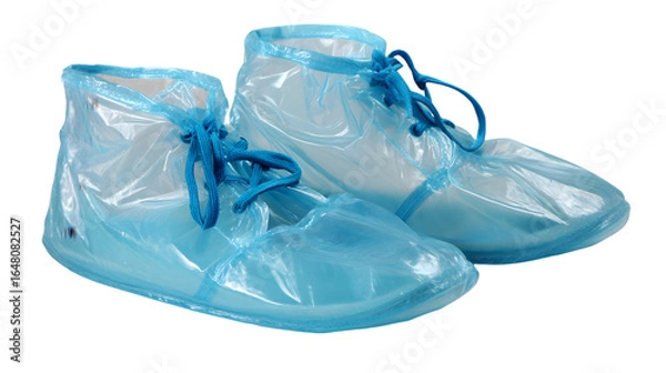 Fototapeta A pair of blue plastic disposable shoe covers with blue drawstrings on a black background surface