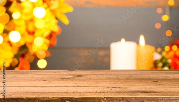 Fototapeta Warm autumn evening with glowing candles and blurred golden foliage creating a cozy and inviting atmosphere