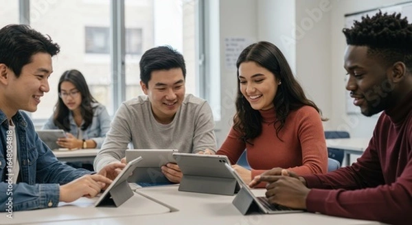 Obraz Students collaborating on tablets in a bright classroom