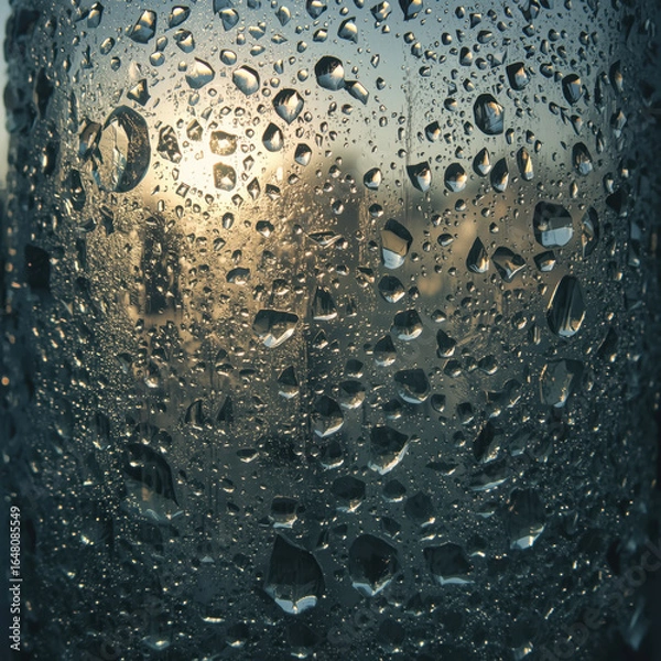 Fototapeta Closeup of water droplets on glass window with sunlight shining through condensation