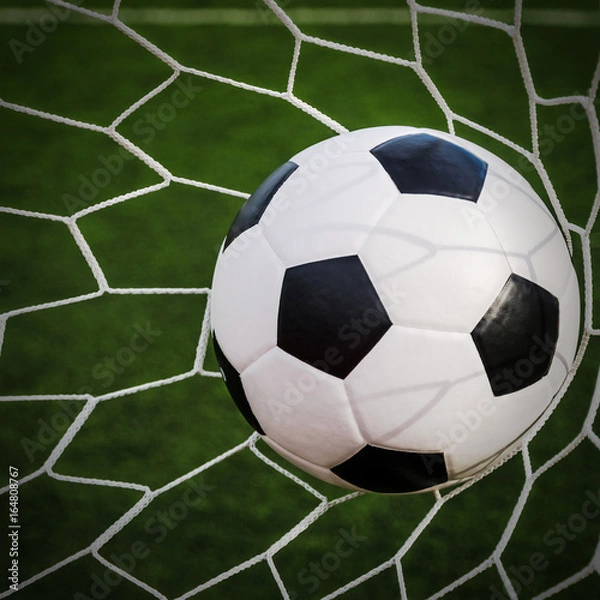 Fototapeta Soccer football in Goal net with green grass field.