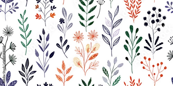 Fototapeta Seamless Floral Pattern, Hand-Drawn Botanical Illustration, White Background