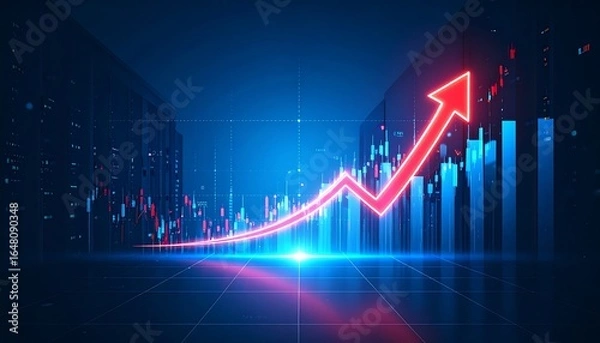 Fototapeta Glowing red arrow charting upward progress against a backdrop of futuristic blue financial data visualizations