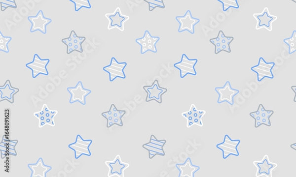 Fototapeta Vector seamless pattern with sprinkle stars with dots and stripes, grey background, nursery scandinavian good night pajamas print in blue and white color , texture, illustration 