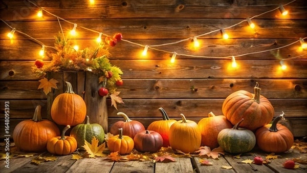 Fototapeta Autumn harvest pumpkins and colorful leaves decorated with warm string lights on a rustic wooden background