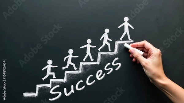 Fototapeta Hand drawing stick figures walking up stairs to success on blackboard concept