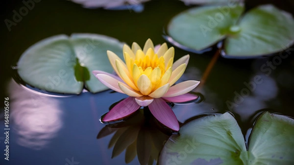 Fototapeta A close up of a yellow and pink lotus flower surrounded by lily pads floating on dark water surface