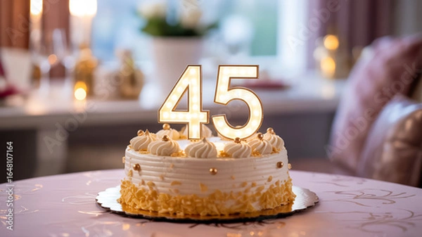 Fototapeta A frosted cake with golden accents and number forty five candles on a table in a bright room
