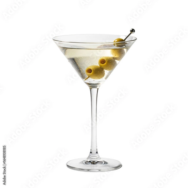 Fototapeta A classic martini in a clear glass with three green olives on a skewer. The drink is served on a transparent background, highlighting its elegant shape.