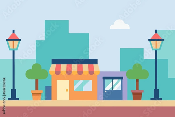 Obraz Vector illustration of a modern urban street with cartoon buildings, houses, and trees