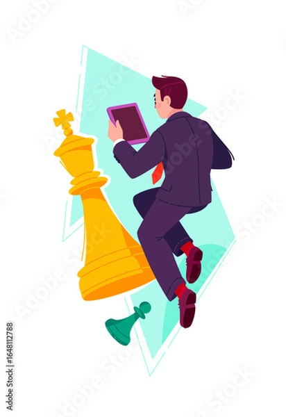 Fototapeta Illustration of a businessman with a tablet, among chess pieces. A metaphor for business strategies, achieving a goal. Vector. An image for design projects and websites.