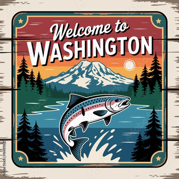Fototapeta Retro Welcome to Washington Sign with Salmon and Mountain View
