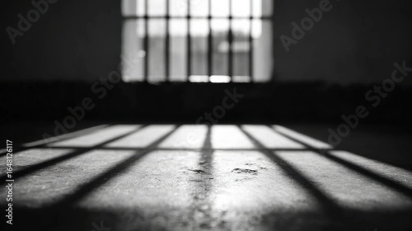 Fototapeta Prison Cell Window Casting Shadows On The Floor. Symbolizes Confinement And Solitude