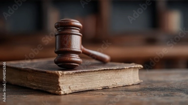 Fototapeta Gavel Resting On An Old Book In A Courtroom Setting. Symbol Of Justice And Legal Authority