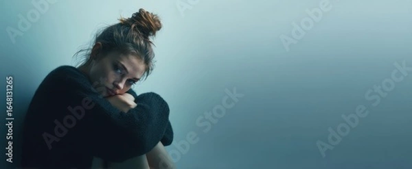Fototapeta [The contemplative woman seated against a soft blue backdrop in moody studio lighting]