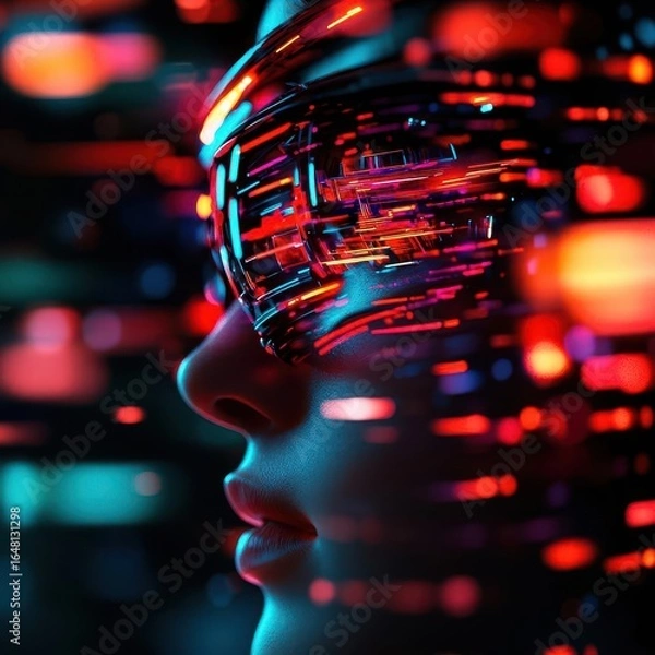 Fototapeta A futuristic portrait featuring a woman wearing high-tech glasses, surrounded by vibrant, colorful abstract light patterns.