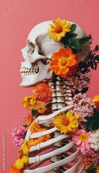 Fototapeta A skeleton adorned with vibrant flowers against a pink background, symbolizing the fusion of life and death in a creative, artistic manner.