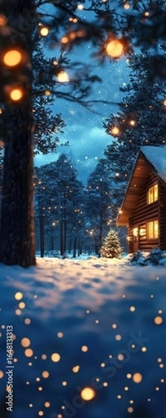 Fototapeta A cozy cabin surrounded by snow and trees, illuminated by warm lights against a serene winter backdrop.