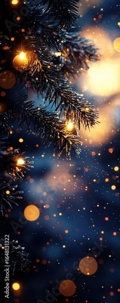 Fototapeta A beautifully lit pine tree branch with sparkling lights and golden bokeh against a dark, wintery background, evoking a festive atmosphere.