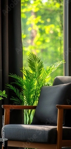 Fototapeta A cozy corner featuring a comfortable chair, surrounded by lush greenery and sunlight filtering through the window.