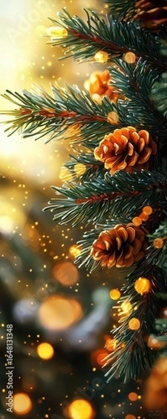 Fototapeta A close-up of pine branches adorned with pinecones and glowing lights, creating a warm, festive ambiance against a blurred golden background.