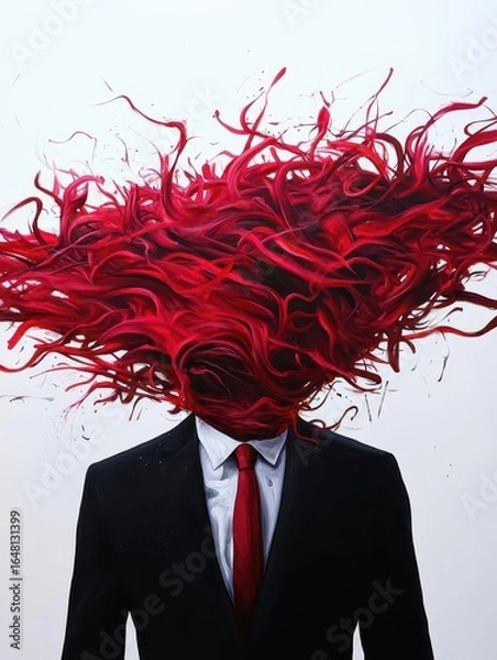 Fototapeta A surreal image of a suited figure with a vibrant red, flowing mass instead of a head, symbolizing emotion and creativity.