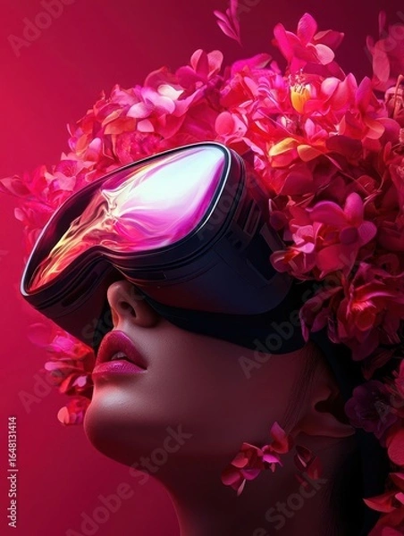Fototapeta A woman wears VR goggles adorned with vibrant pink flowers, creating a striking contrast against a colorful background, blending technology and nature.
