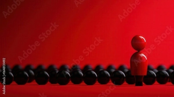 Fototapeta A striking image featuring a red figure standing out against a backdrop of black spheres, conveying themes of individuality and contrast.