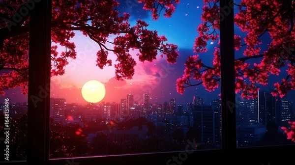 Fototapeta A stunning sunset view from a window, framed by vibrant pink flowers, showcasing a city skyline against a colorful sky.
