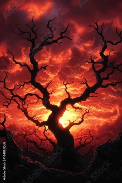 Fototapeta A dramatic silhouette of a twisted tree against a fiery sunset sky, creating a striking contrast between nature and the vivid colors of the clouds.