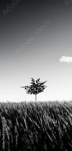 Fototapeta A solitary tree stands on a vast field, silhouetted against a clear sky, creating a serene and minimalist landscape in black and white.