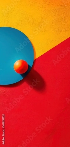 Fototapeta A vibrant abstract composition featuring a blue circle and an orange sphere against a backdrop of yellow and red textures.
