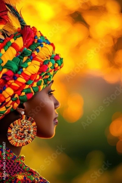 Fototapeta A vibrant portrait of a woman adorned in colorful traditional attire, highlighted by a warm, glowing background that emphasizes her cultural expression.