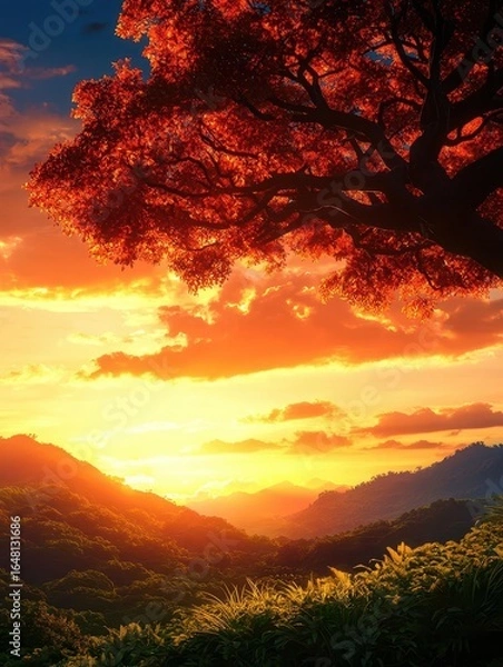 Fototapeta A breathtaking sunset casts vibrant hues over rolling hills, framed by a majestic tree with fiery red leaves, creating a tranquil and picturesque landscape.