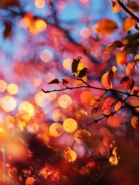 Fototapeta A vibrant autumn scene showcasing colorful leaves against a blurred background of warm, glowing orbs, creating a dreamy atmosphere.