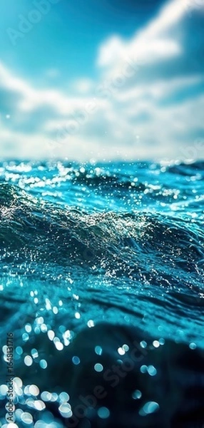 Fototapeta A shimmering view of ocean waves under a bright sky, showcasing sparkling water and dynamic movement.
