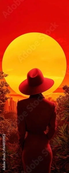 Fototapeta A silhouette of a woman in a wide-brimmed hat stands against a vibrant red sunset, creating a dramatic and captivating scene.