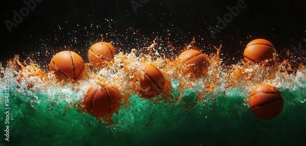Fototapeta Dynamic basketballs splashing in water, creating a vibrant scene of sport and energy, highlighting movement and excitement.