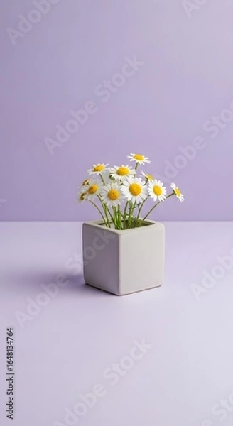 Fototapeta Small square pot containing a bunch of white and yellow daisy flowers against a light purple background.