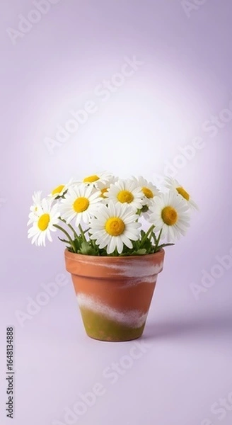 Fototapeta A terracotta pot filled with a vibrant bunch of white daisies with yellow centers, set against a soft, light purple background.