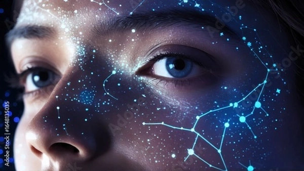 Fototapeta Celestial Cheek Projection, Starry Skin Patterns, Cosmic Face Glow, Glowing
Constellation Art, Subtle Galaxy Cheek