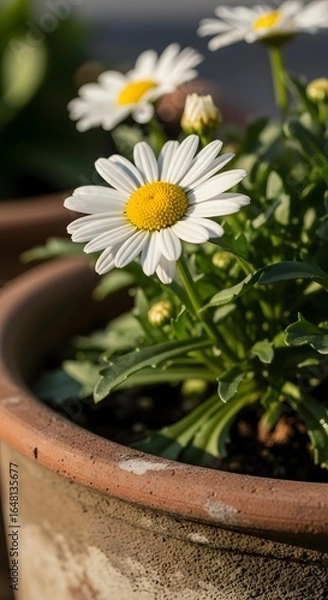 Fototapeta Close-up of white daisies with yellow centers blooming in a terracotta pot, surrounded by green foliage and bathed in sunlight.