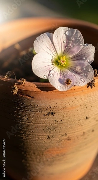 Fototapeta A delicate white flower with water droplets rests inside a weathered terracotta pot, bathed in soft sunlight.