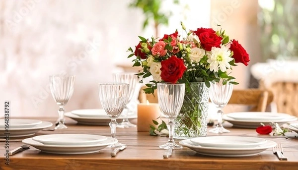 Fototapeta Elegant Table Setting with Red and White Roses and Crystal Glassware