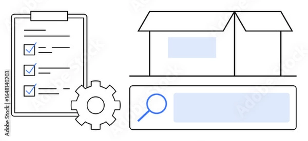 Fototapeta Checklist with checkmarks, gear for settings, open box, search bar magnifying glass. Ideal for inventory, logistics, planning, customization, e-commerce search tools simple landing page