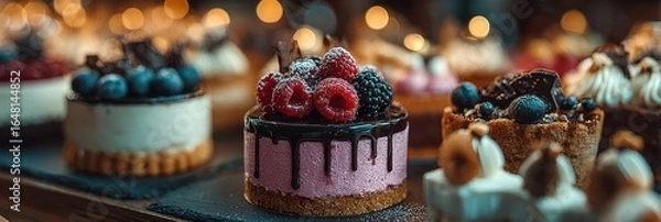 Obraz Delicious desserts displayed at a bakery during an evening gathering with festive lighting