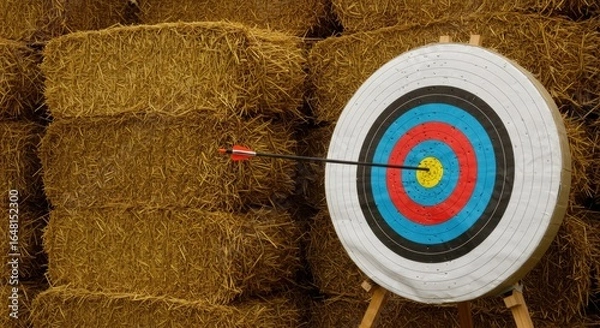 Fototapeta Target with arrow hitting bullseye in front of hay bales  
